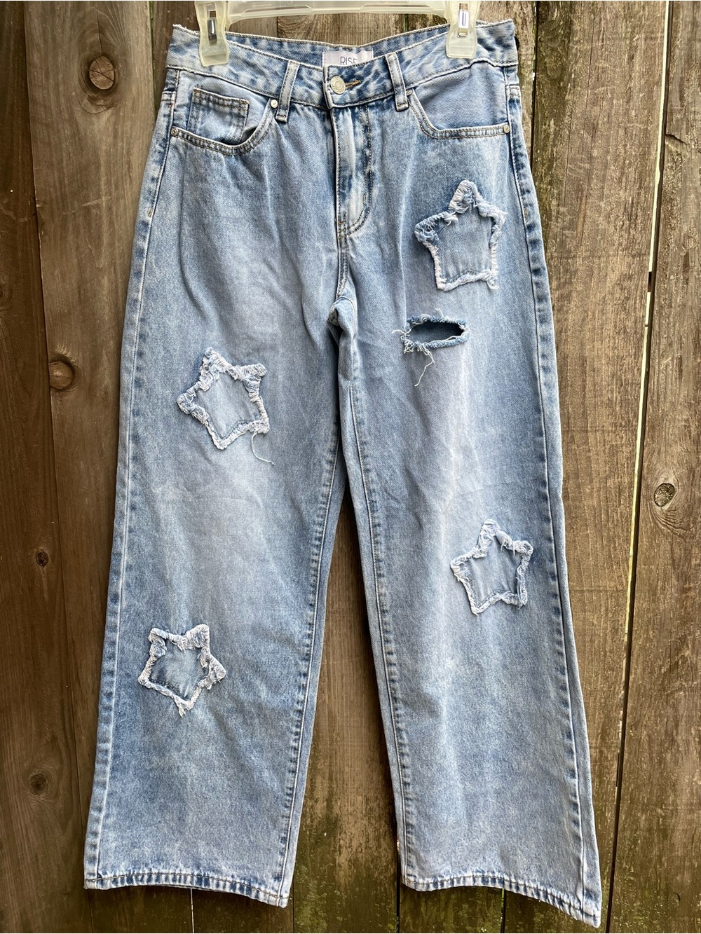 High-Rise Straight Leg Jeans with Distressed Star Appliqués - Light Blue